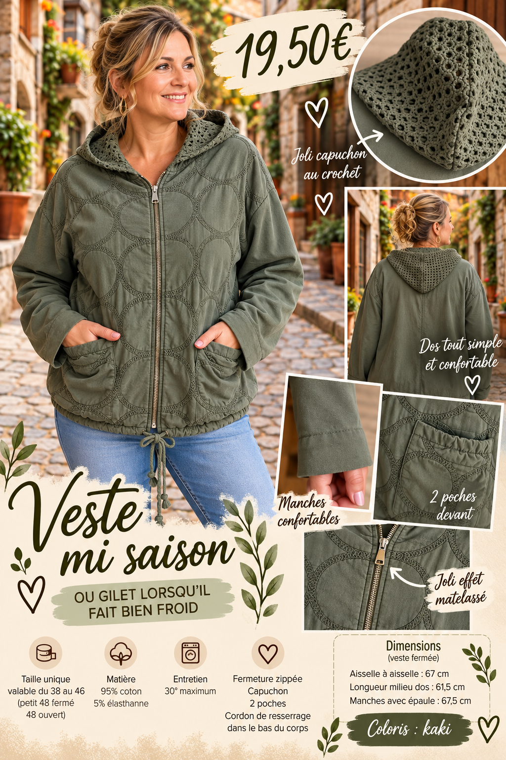 193 🌸 VESTE MI-SAISON / GILET À CAPUCHE – EFFET MATELASSÉ 🌸Coloris KAKI