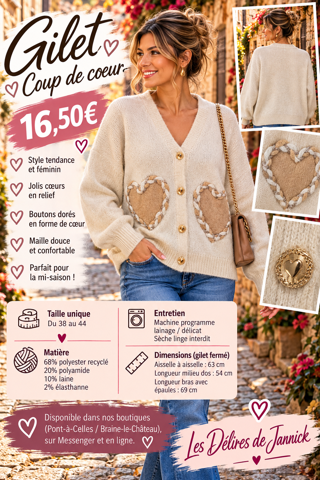 204 🌸 Gilet boutonné – Encolure V & jolis cœurs décoratifs 🌸Coloris BEIGE