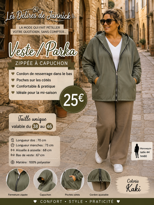*55 ✨ VESTE / PARKA ZIPPÉE À CAPUCHON – Kaki ✨