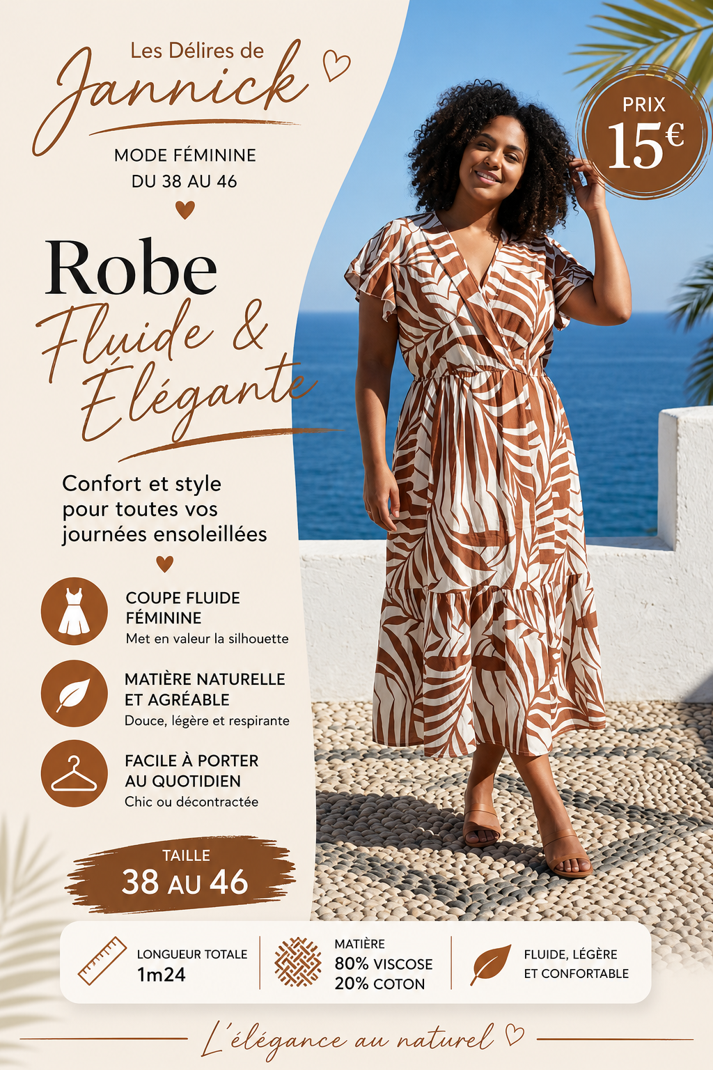 Robe longue fluide – Motif caramel & blanc 🍂
