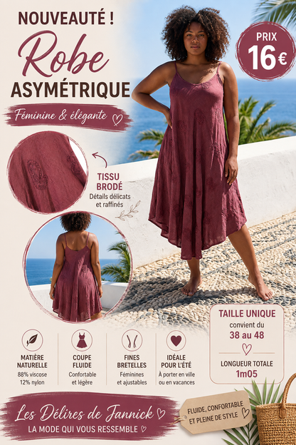 *13 ✨ Robe asymétrique à fines bretelles – Coloris bordeau