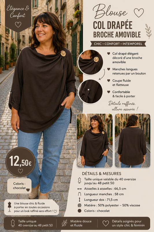 *63 🤍 Blouse col drapé &amp; broche dorée – choco