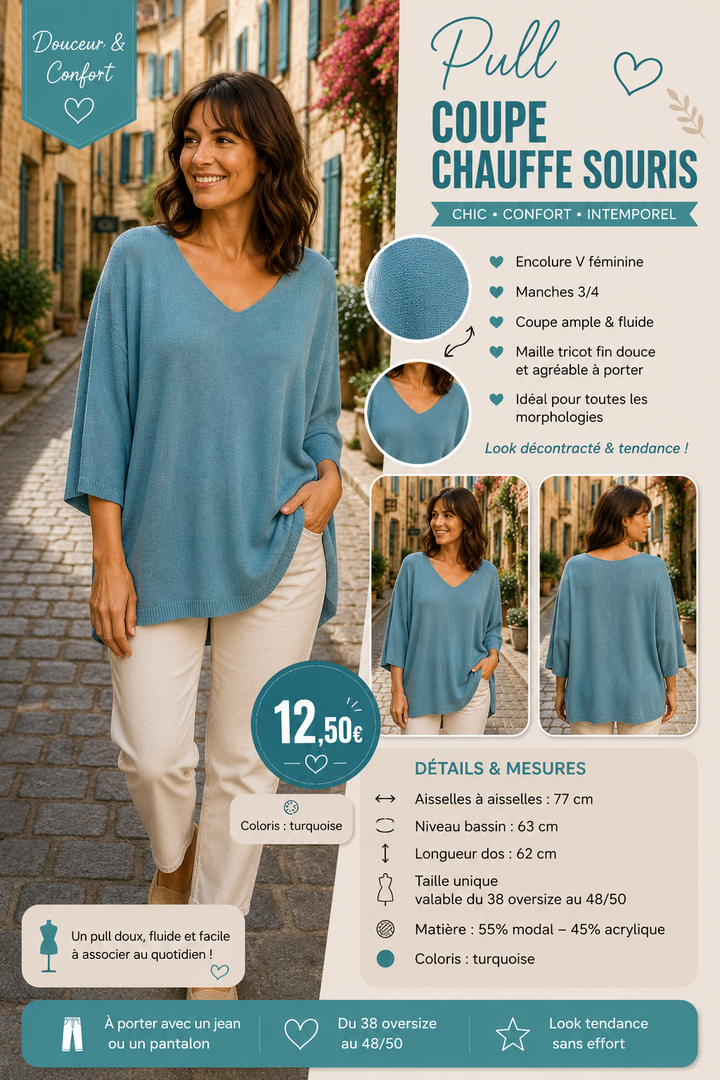 *59 💚 Pull coupe chauve-souris – Coloris turquoise moyen