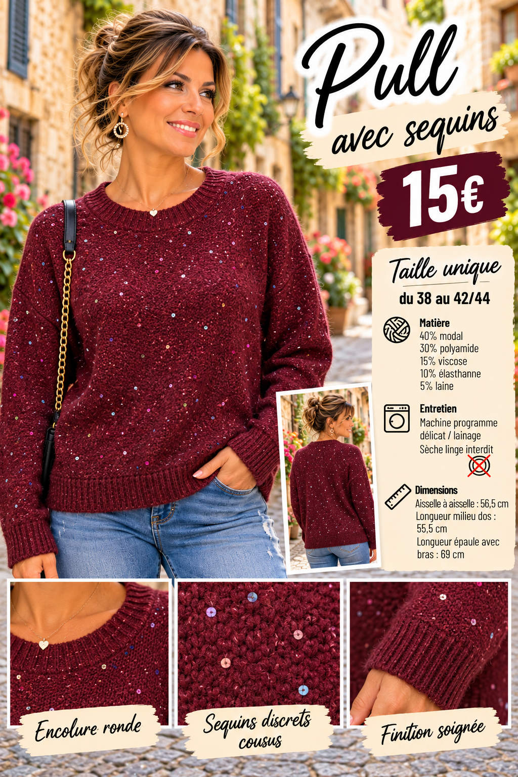 219 Pull en maille douce à sequins discrets – Col rond Coloris BORDEAU