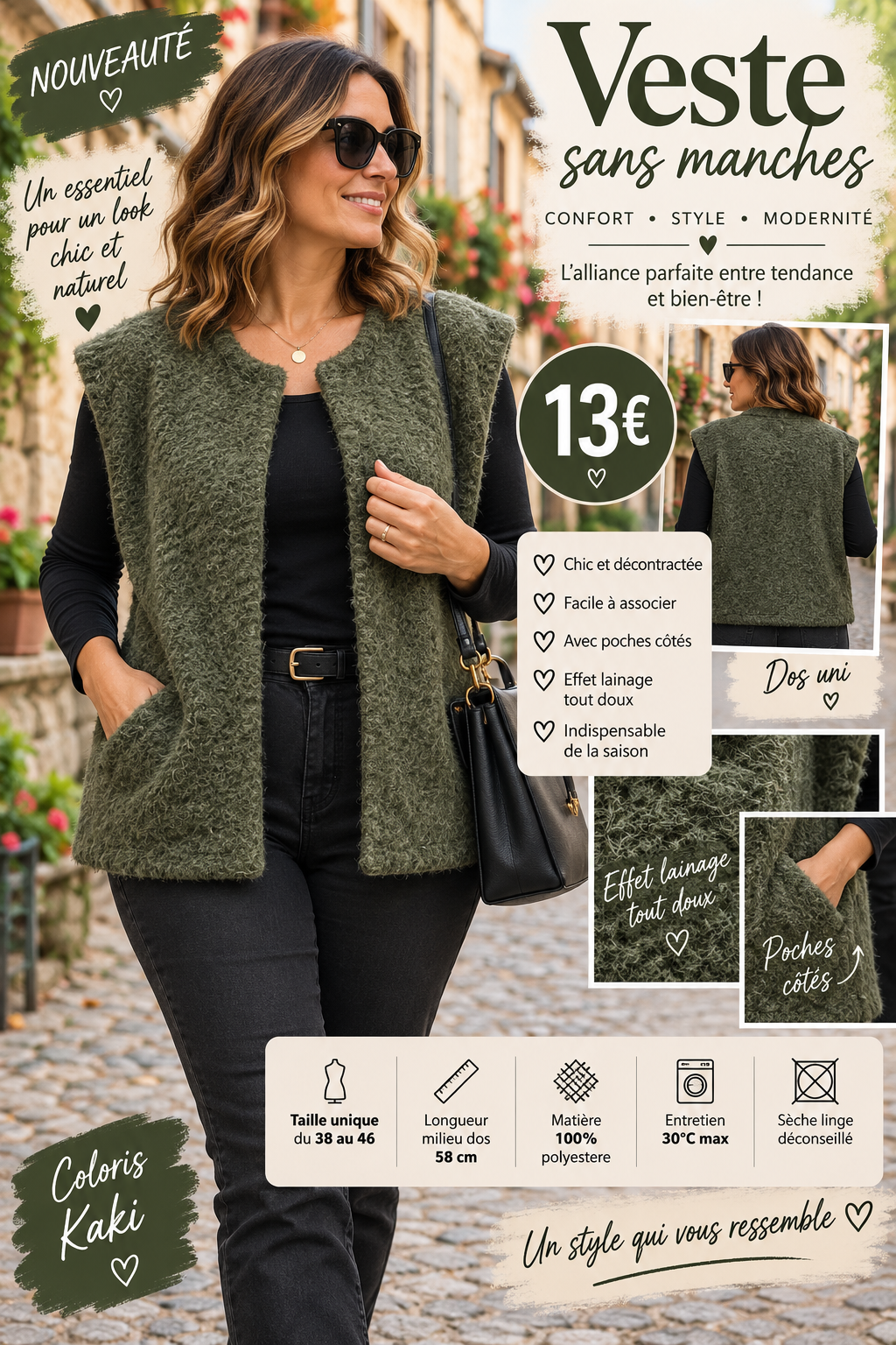 137  🤎 NOUVEAUTÉ – VESTE SANS MANCHES EFFET LAINAGE 🤎Coloris KAKI