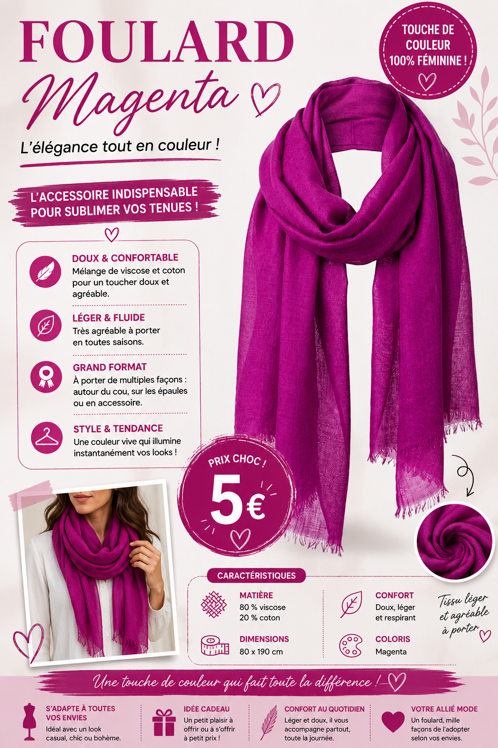 💖 Foulard Uni Magenta – Léger & Élégant