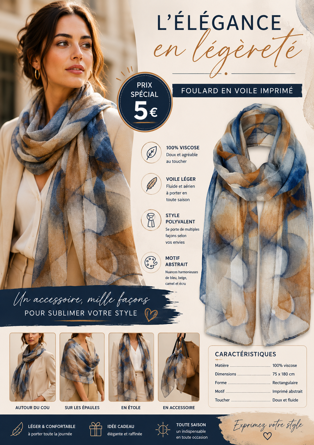 Foulard en voile imprimé – 100 % viscose