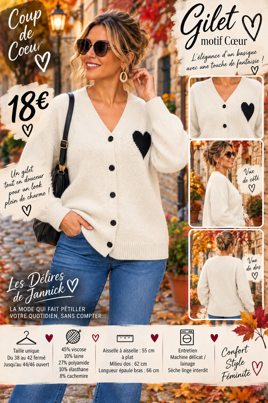 *99 🖤 GILET MOTIF CŒUR 🖤Coloris BLANC CASSER