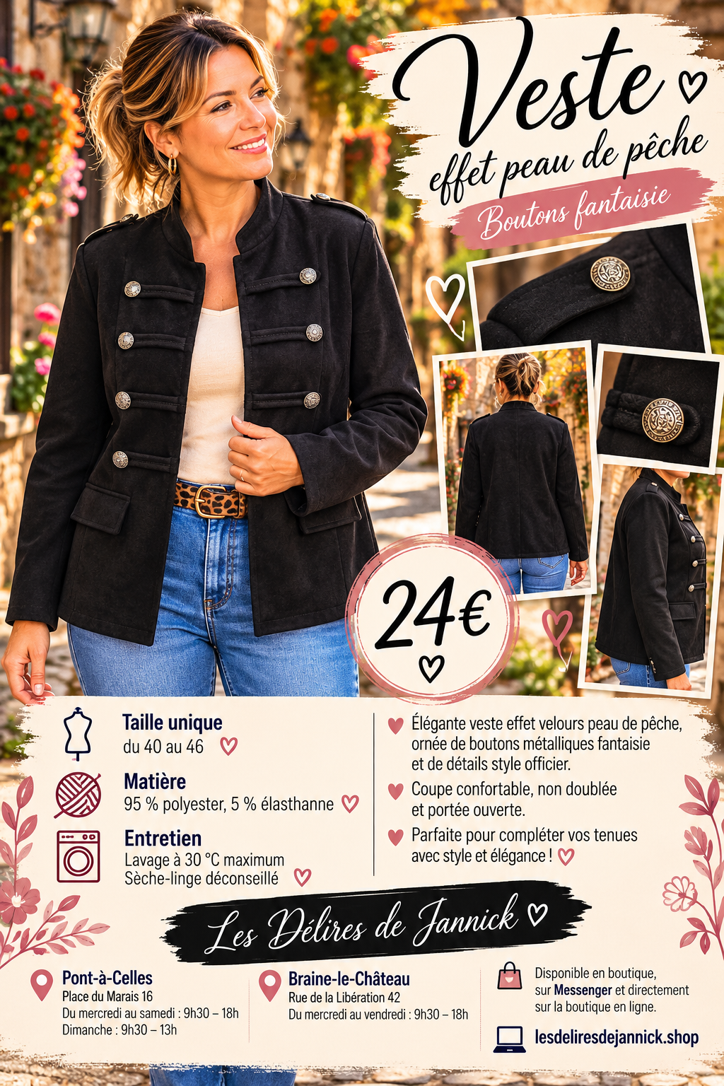 163 🤍 Veste effet peau de pêche – Boutons fantaisie Coloris NOIR
