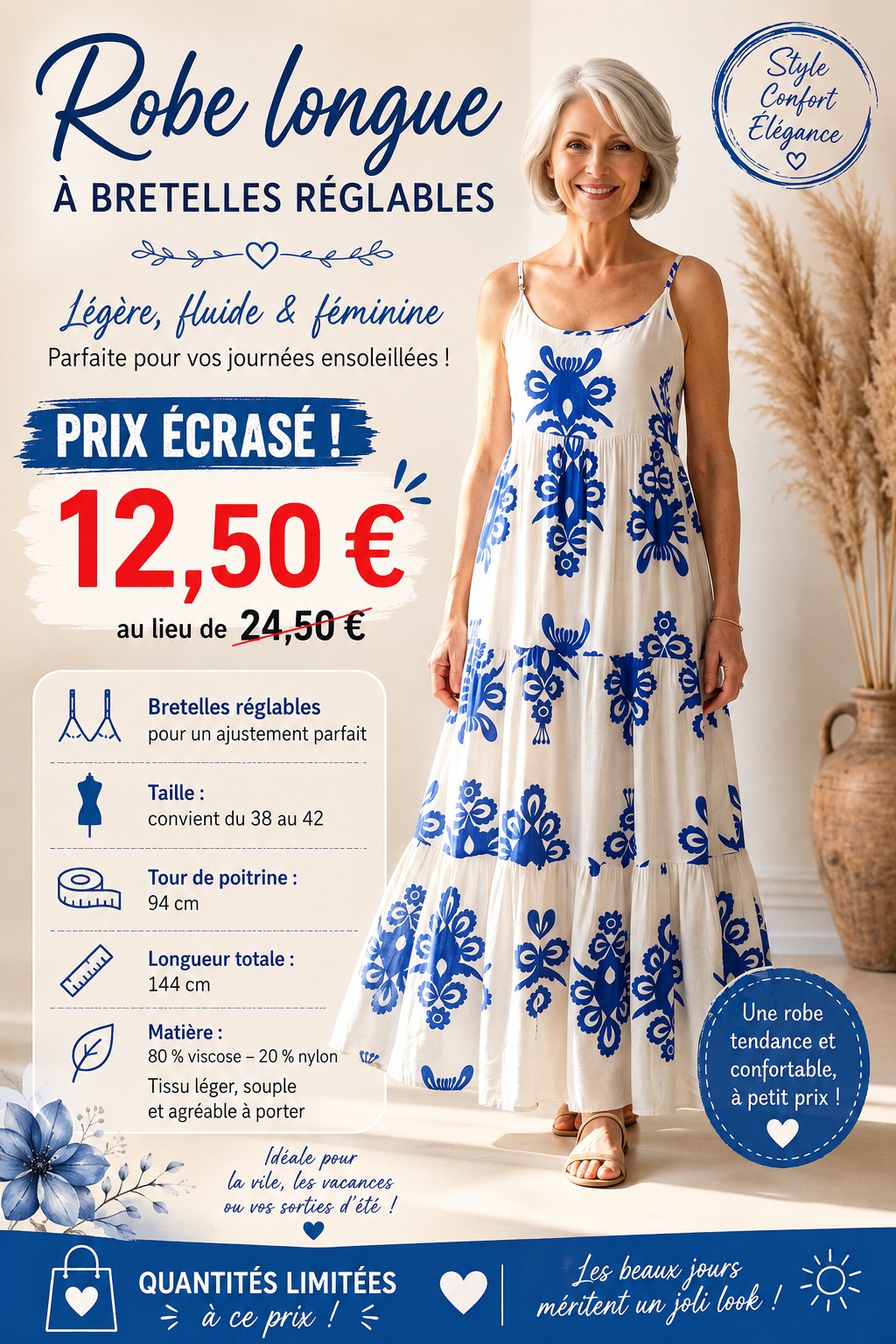 🌸 Robe Longue à Bretelles Réglables – Élégance & Confort 🌸