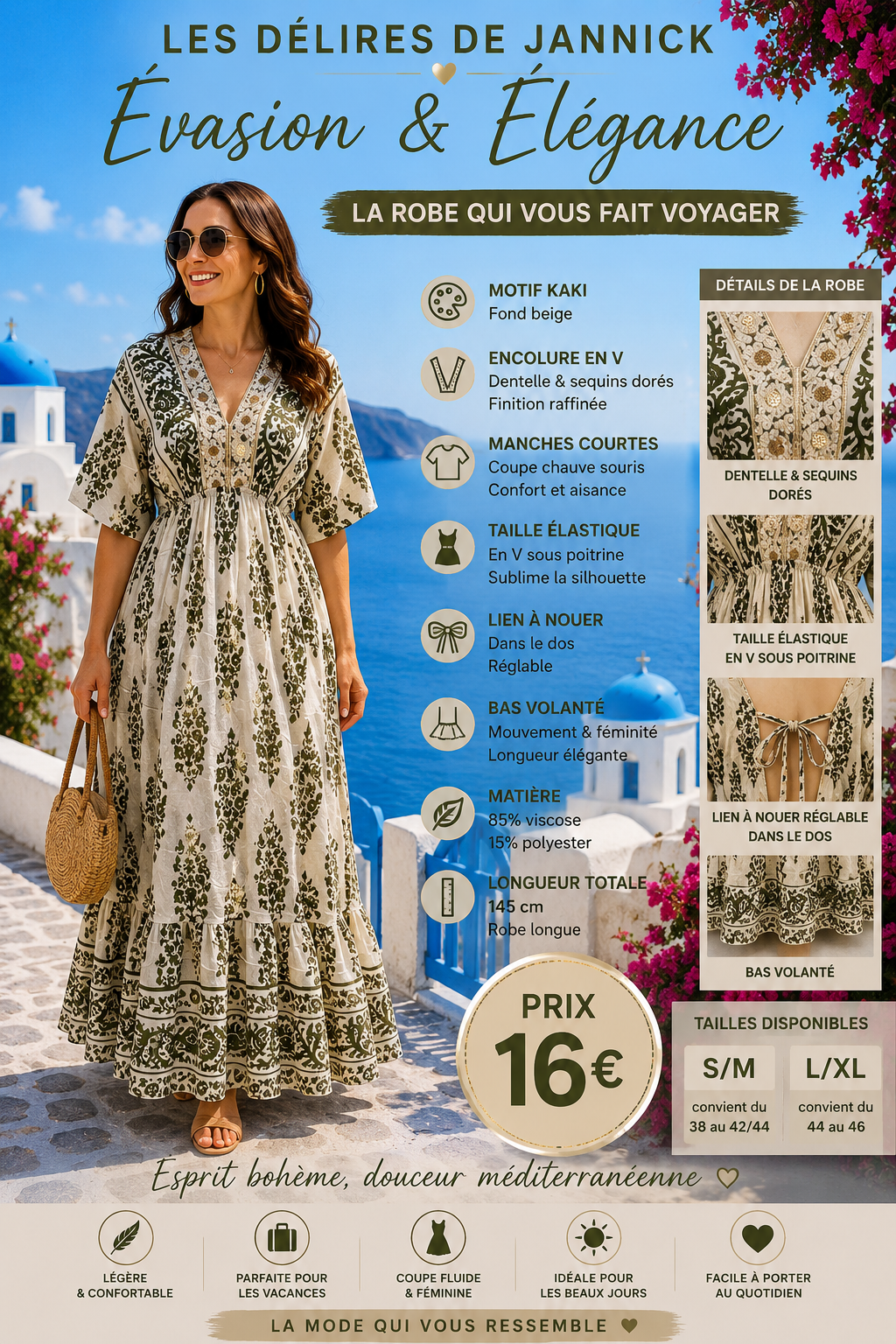 *36 ✨ Robe longue bohème – Fond beige & motif kaki ✨