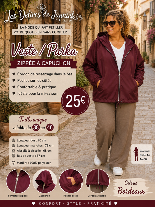 *55 ✨ VESTE / PARKA ZIPPÉE À CAPUCHON – BORDEAU ✨