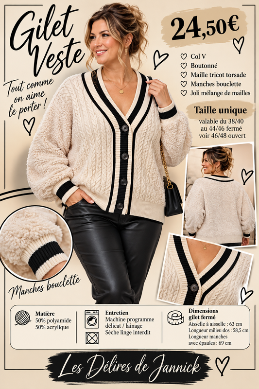 206 🌸 Gilet / Veste en maille torsadée – Manches bouclette 🌸Coloris BEIGE