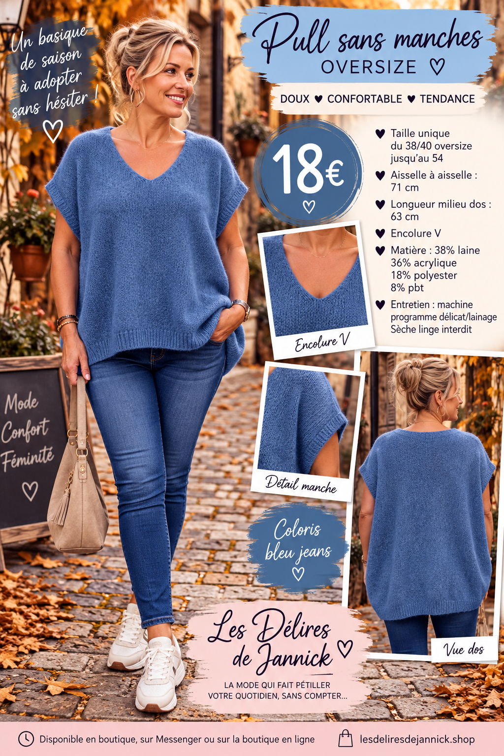 128 🌸 NOUVEAUTÉ – PULL SANS MANCHES OVERSIZE 🌸Coloris BLEUJEANS