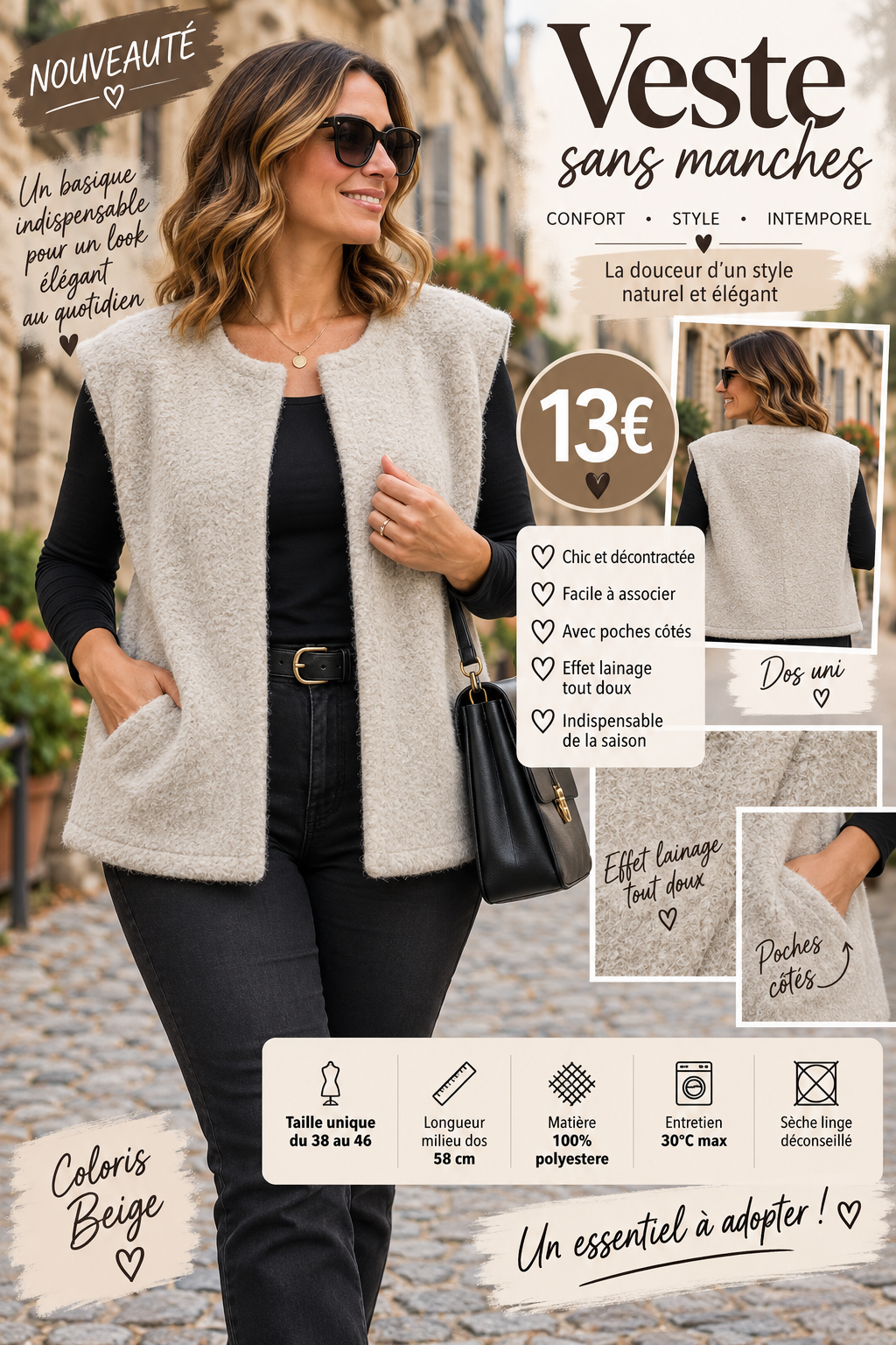 137 🤎 NOUVEAUTÉ – VESTE SANS MANCHES EFFET LAINAGE 🤎Coloris BEIGE