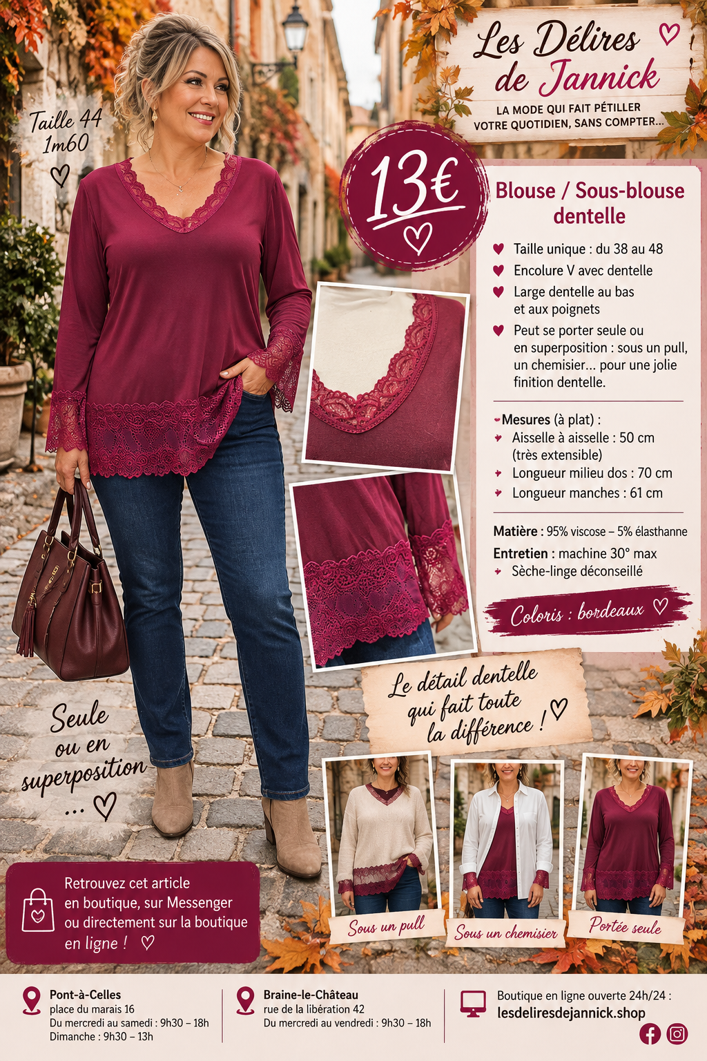130 BLOUSE / SOUS-BLOUSE DENTELLE – L’ÉLÉGANCE JUSQU’AU MOINDRE DÉTAIL 🤍Coloris BORDEAU
