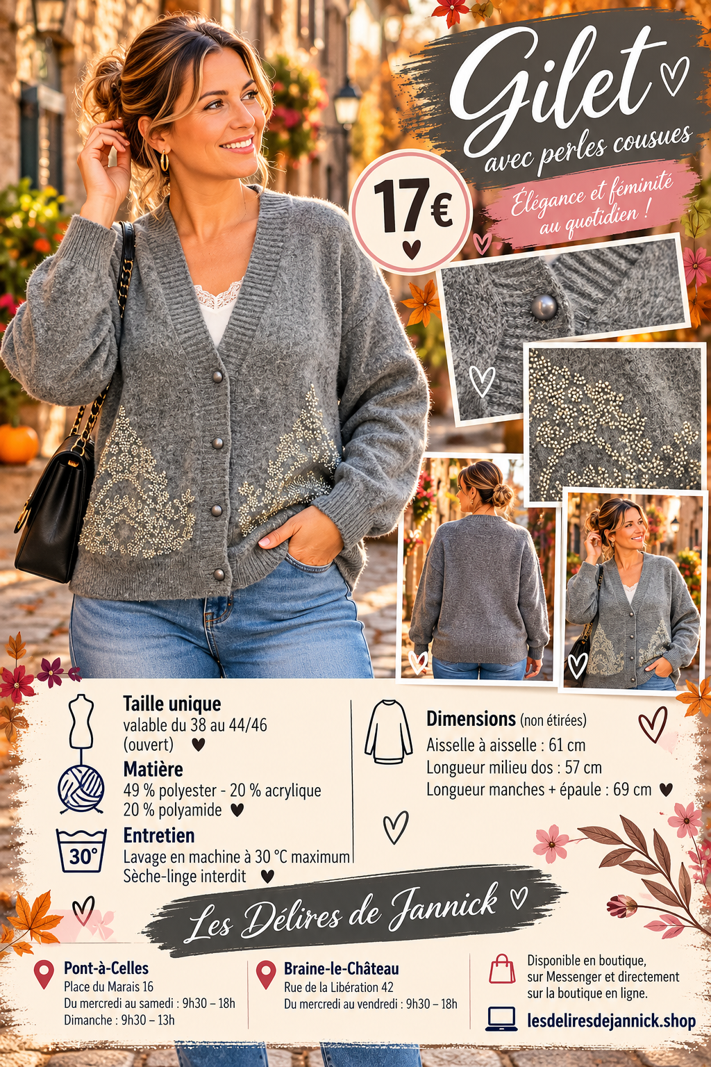 141 🌸 Gilet boutonné à perles – Élégance & douceur 🌸Coloris GRIS