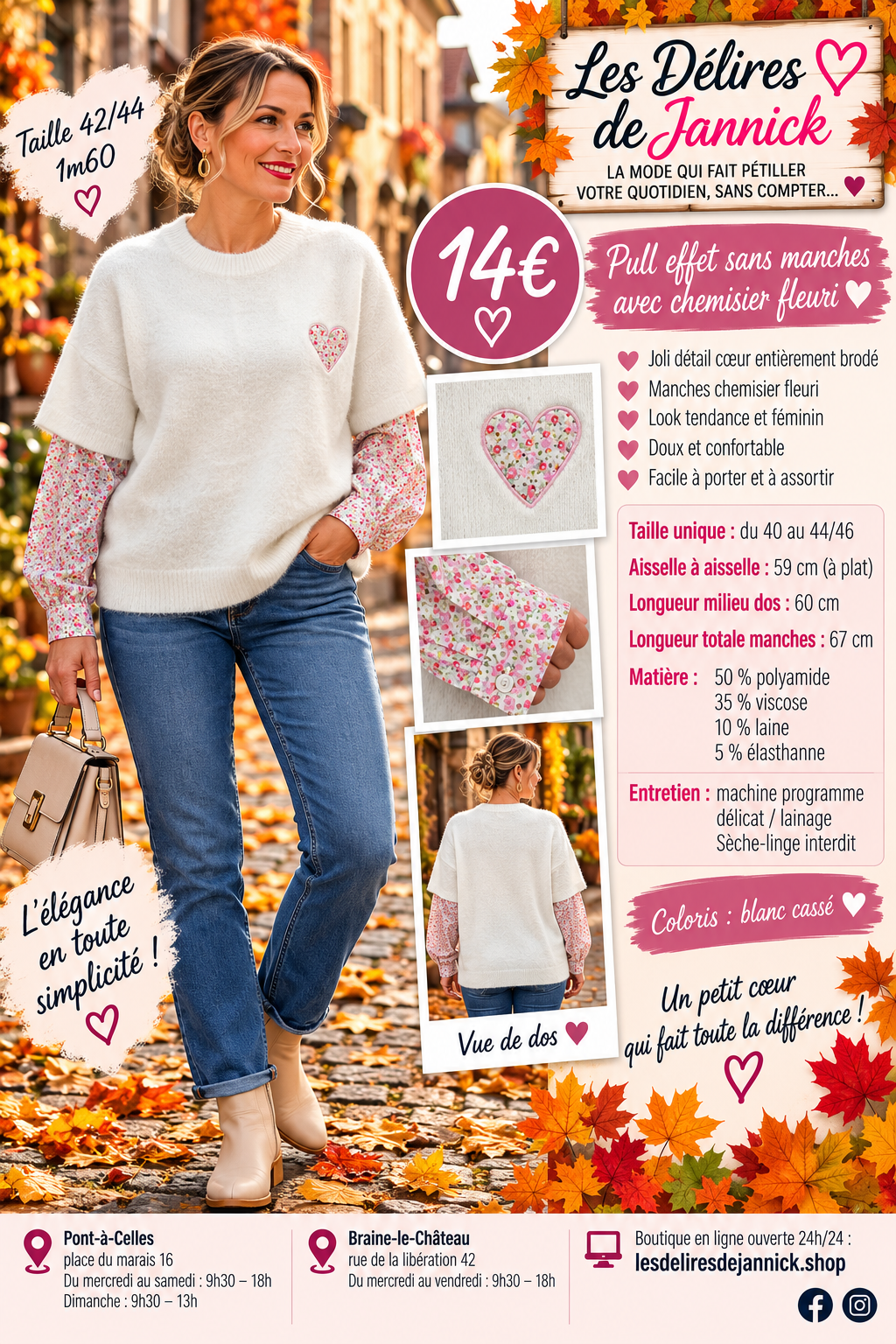 139 🌸 PULL EFFET SUPERPOSÉ AVEC MANCHES CHEMISIER FLEURI 🌸Coloris BLANC CASSER