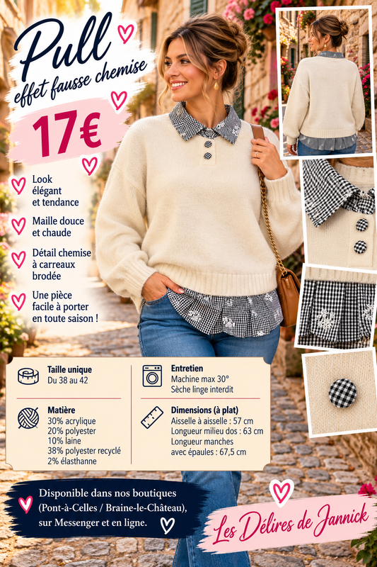 196 🌸 PULL EFFET FAUSSE CHEMISE – ÉLÉGANCE &CONFORT 🌸Coloris BEIGE
