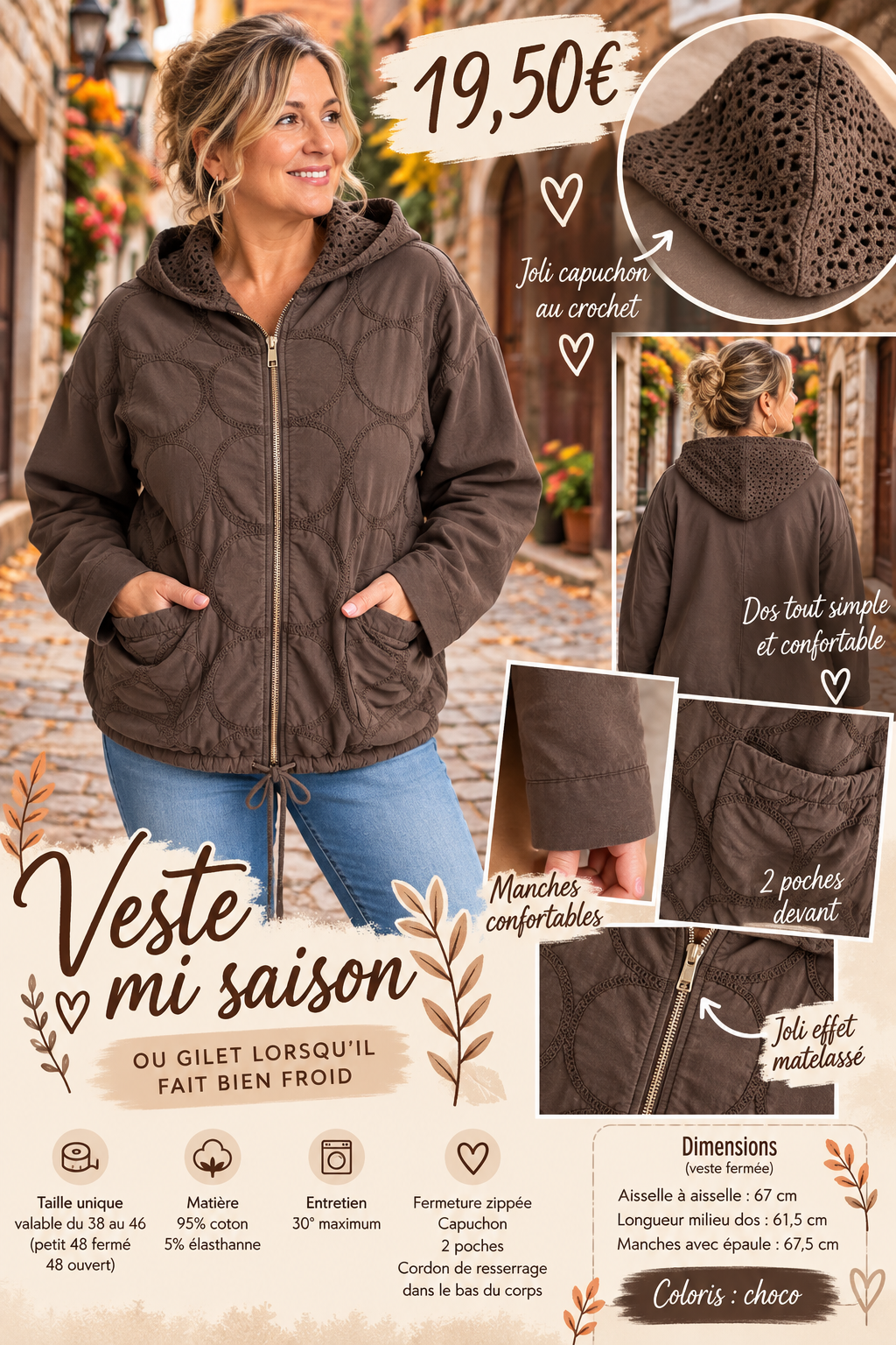 193 🌸 VESTE MI-SAISON / GILET À CAPUCHE – EFFET MATELASSÉ 🌸Coloris CHOCO