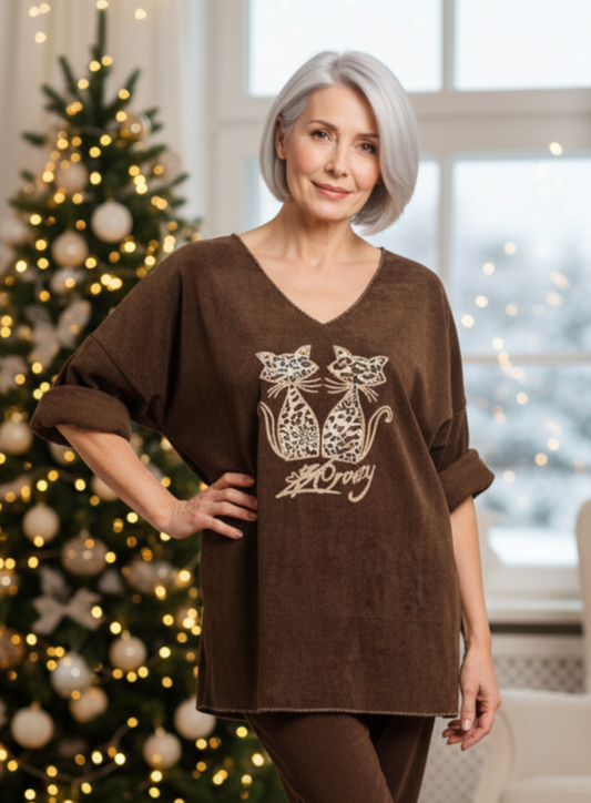 Pull effet velour chat leopard