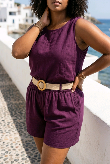 *29 ✨ SHORT FLUIDE AVEC CEINTURE EN RAPHIA – COLORIS PRUNE ✨