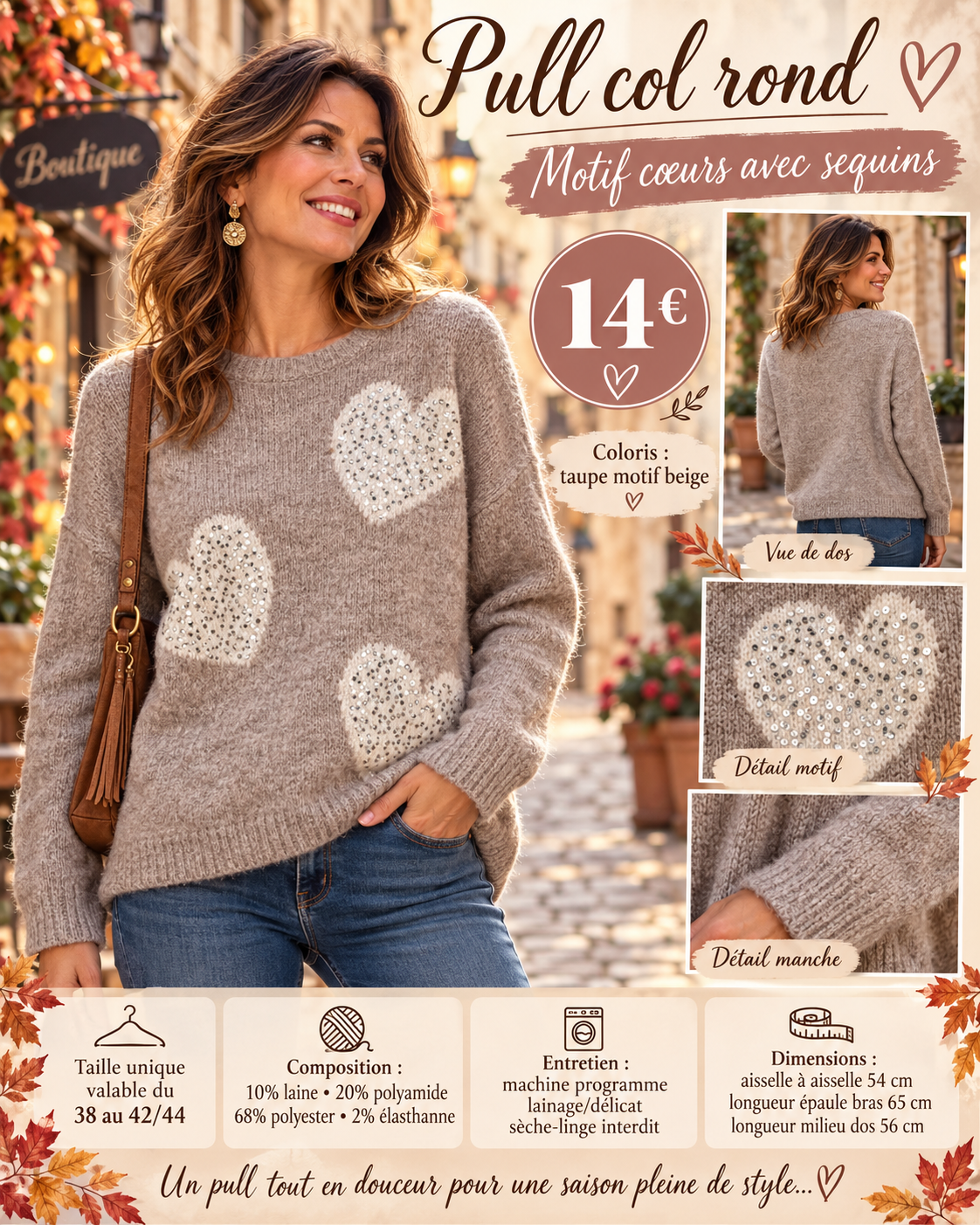 238 🌸 Pull douceur à cœurs scintillants 🌸Coloris TAUPE