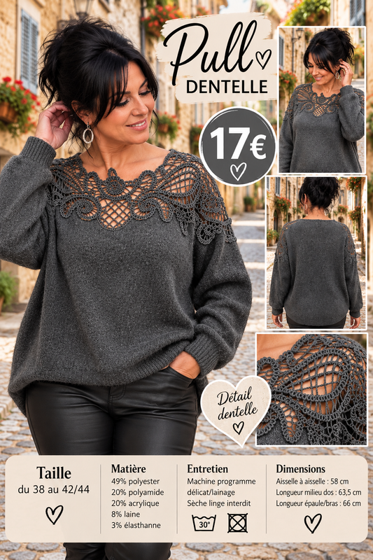 221 ❤️ PULL EN MAILLE DOUCE AVEC DENTELLE – ÉLÉGANCE & FÉMINITÉ ❤️Coloris GRIS