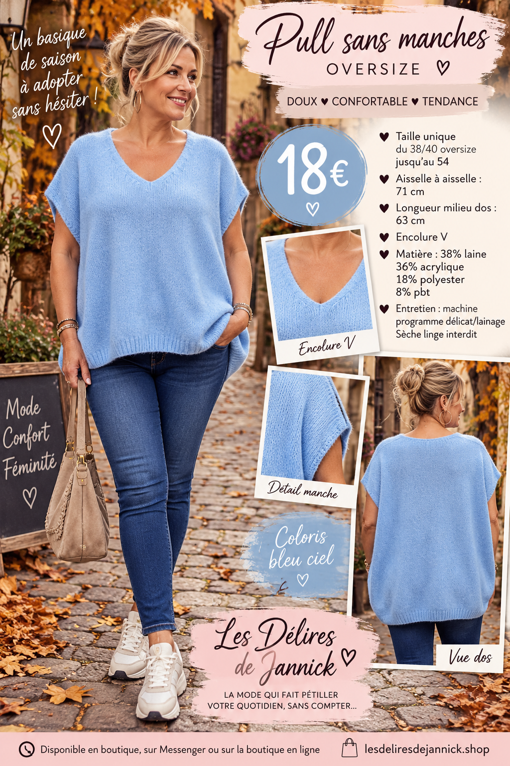128 🌸 NOUVEAUTÉ – PULL SANS MANCHES OVERSIZE 🌸Coloris CIEL