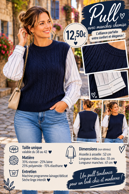 170 🌸 PULL EFFET TORSADÉ AVEC MANCHES CHEMISE 🌸Coloris MARINE