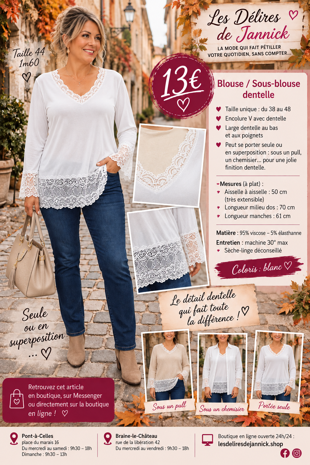 178 🌸 Blouse / Sous-blouse dentelle 🌸Coloris BLANC
