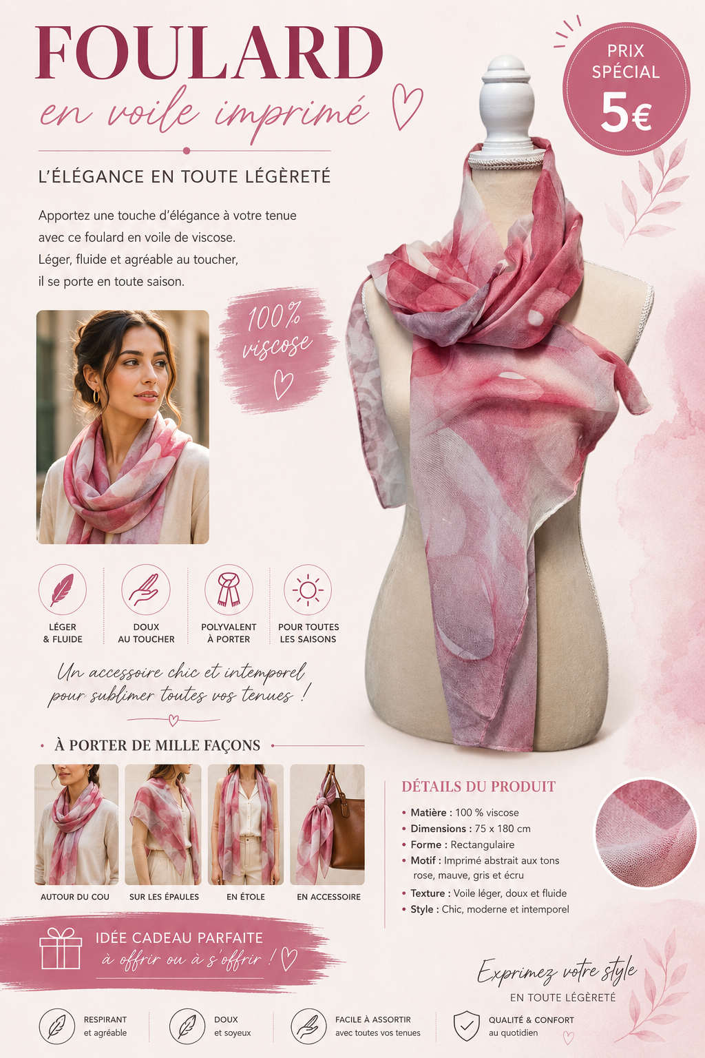 Foulard en voile imprimé – 100 % viscose