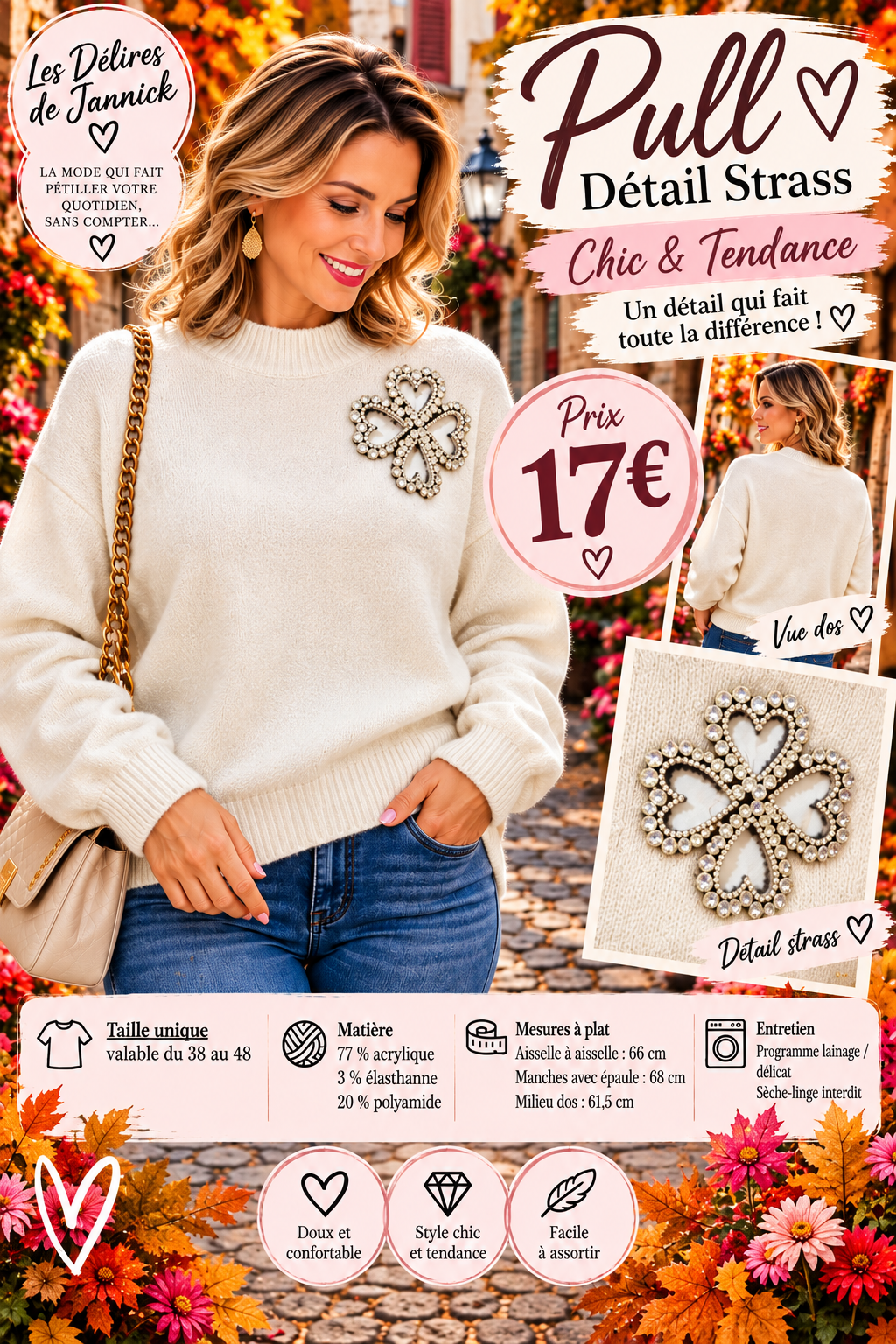 144 ✨ Pull blanc casser à strass – Élégance & confort