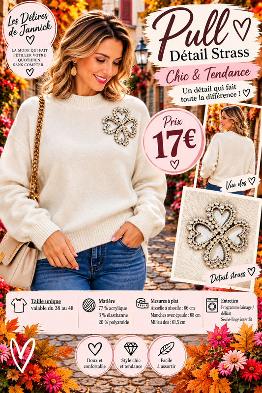 144 ✨ Pull blanc casser à strass – Élégance & confort