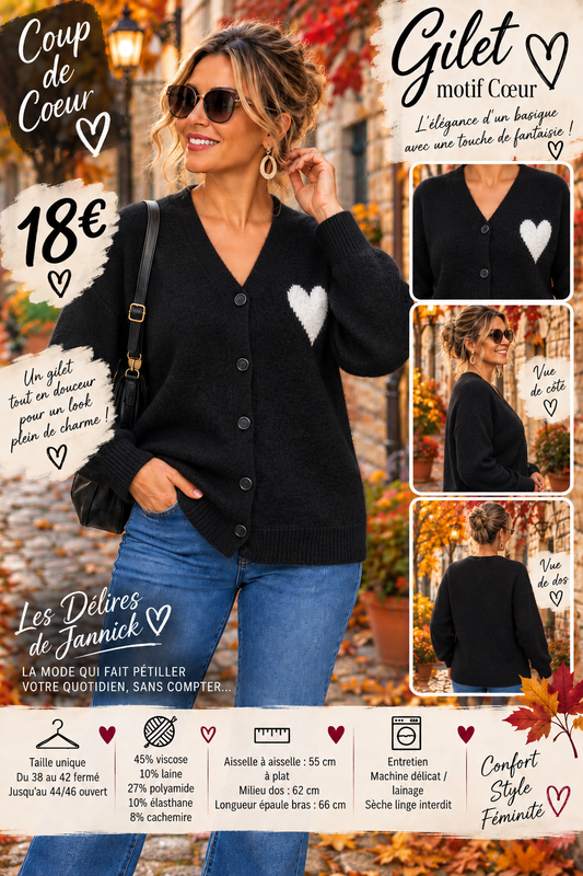 *99 🖤  GILET MOTIF CŒUR 🖤Coloris NOIR