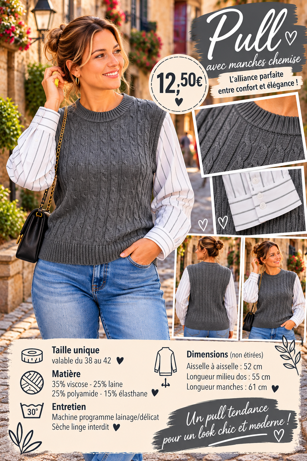 170 🌸 PULL EFFET TORSADÉ AVEC MANCHES CHEMISE 🌸Coloris GRIS