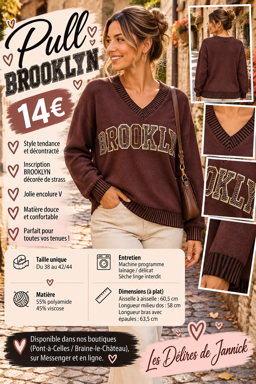 201 🌸 PULL BROOKLYN – ENCOLURE V & STRASS 🌸Coloris CHOCO