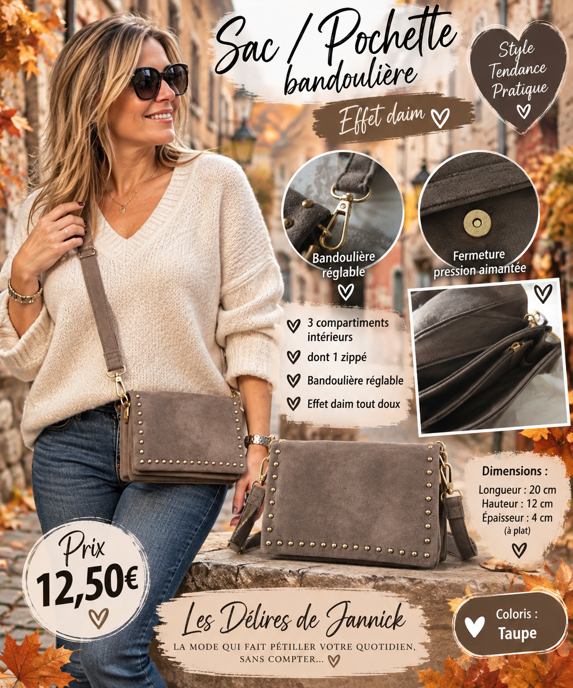 🤎 SAC / POCHETTE BANDOULIÈRE – EFFET DAIM 🤎 coloris TAUPE