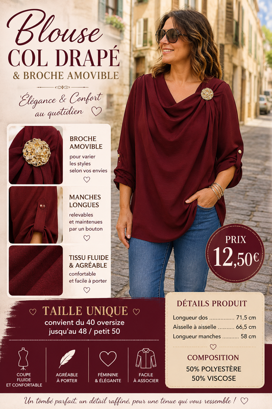 *63 🤍 Blouse col drapé & broche dorée – Bordeau