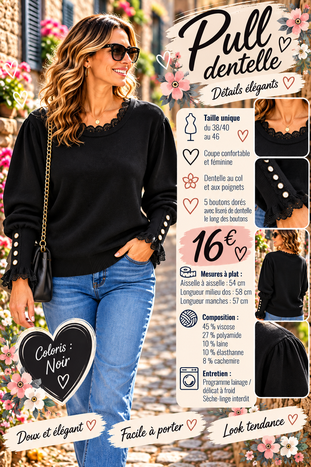 166 🌸🤎 PULL DENTELLE – FÉMININ & ÉLÉGANT 🤎🌸Coloris NOIR