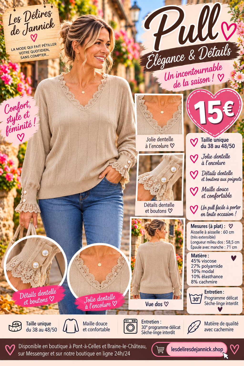 214 🌸 Pull encolure V – Dentelle & boutons fantaisie 🌸Coloris BEIGE