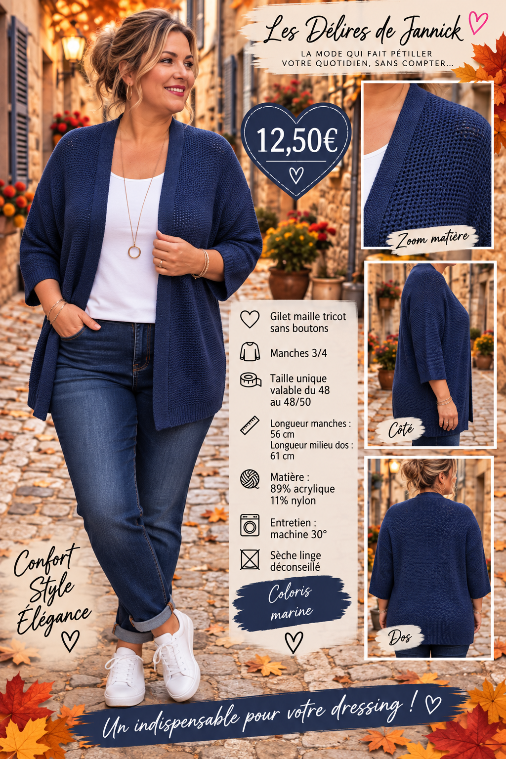 134 🌸 NOUVEAUTÉ – GILET MAILLE TRICOT 🌸Coloris MARINE