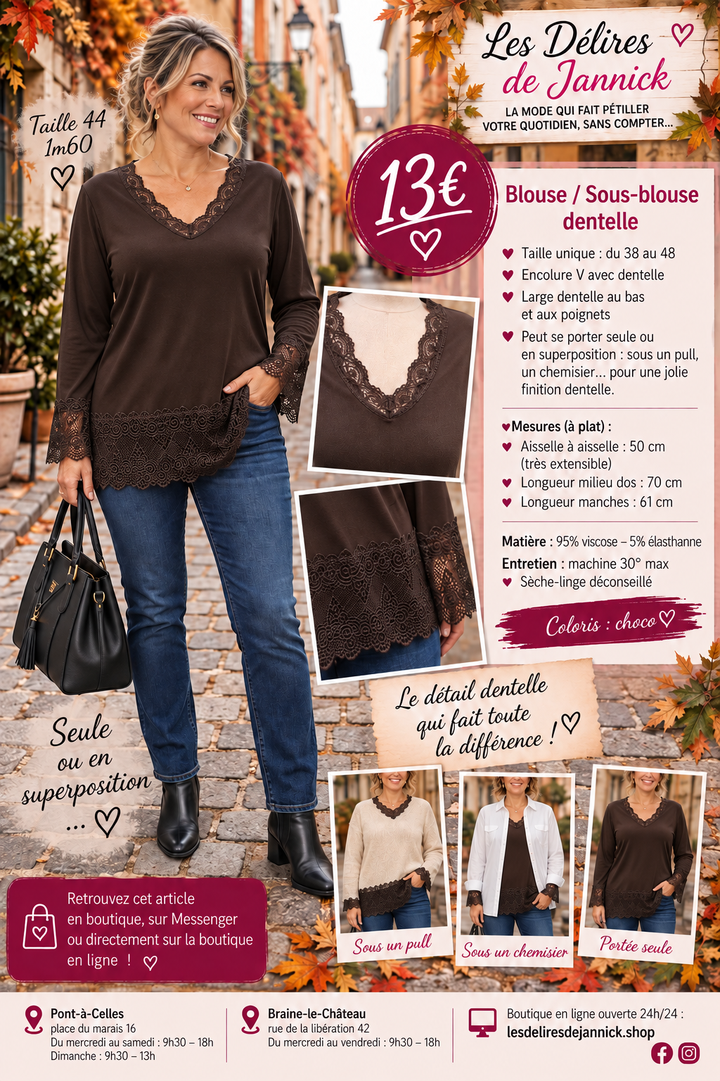 157 BLOUSE / SOUS-BLOUSE DENTELLE – L’ÉLÉGANCE JUSQU’AU MOINDRE DÉTAIL 🤍Coloris CHOCO