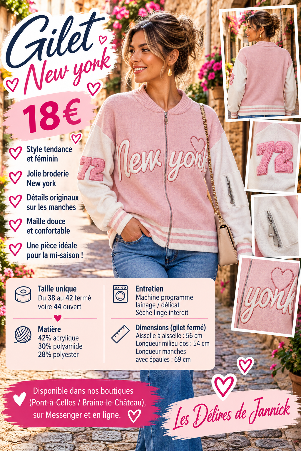 205 🌸 Gilet zippé « New York » – Doux & tendance ❤️Coloris ROSE
