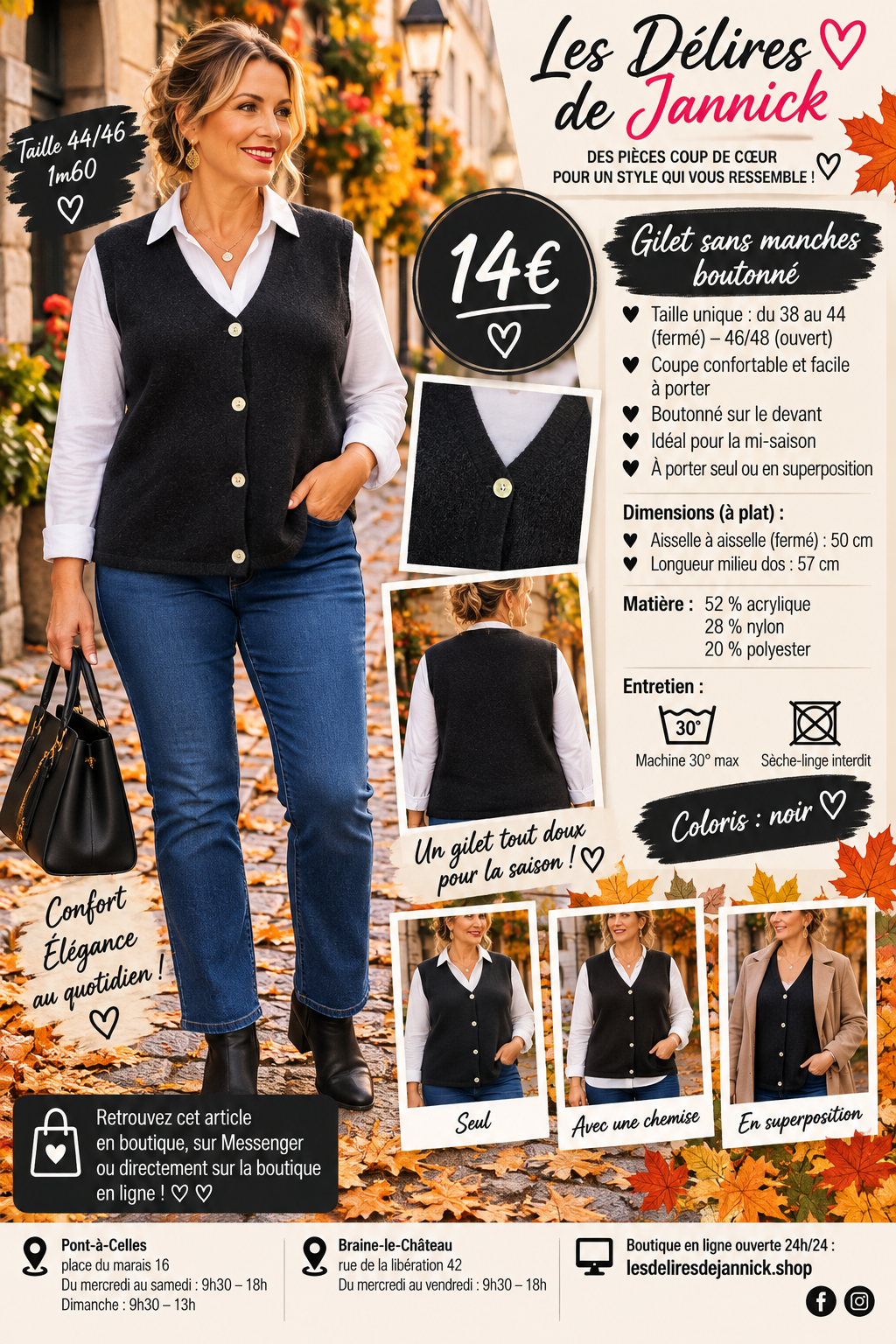 131 GILET SANS MANCHES BOUTONNÉ – LE PETIT INDISPENSABLE À SUPERPOSER 🤎Coloris  noir
