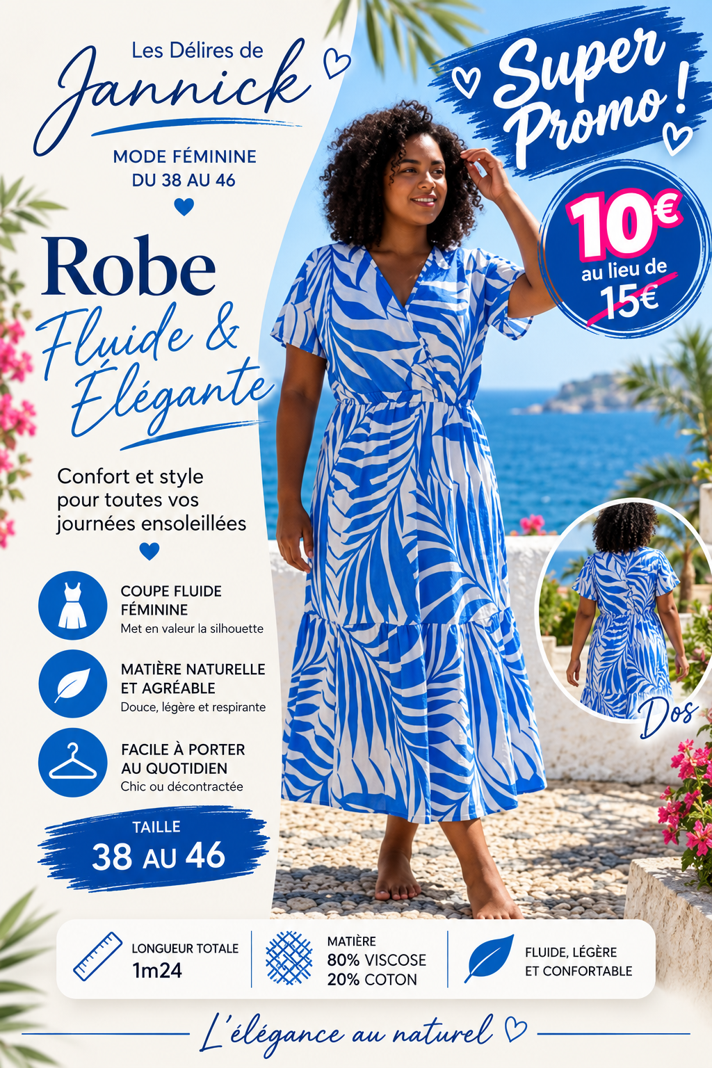 Robe longue fluide – Motif bleu& blanc 🍂