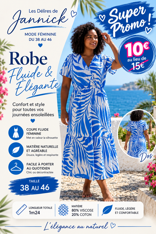 Robe longue fluide – Motif bleu& blanc 🍂