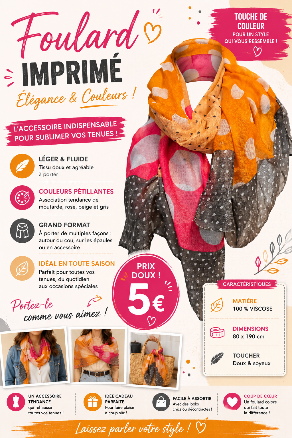 🧣 Foulard Imprimé Multicolore – Élégance & Légèreté