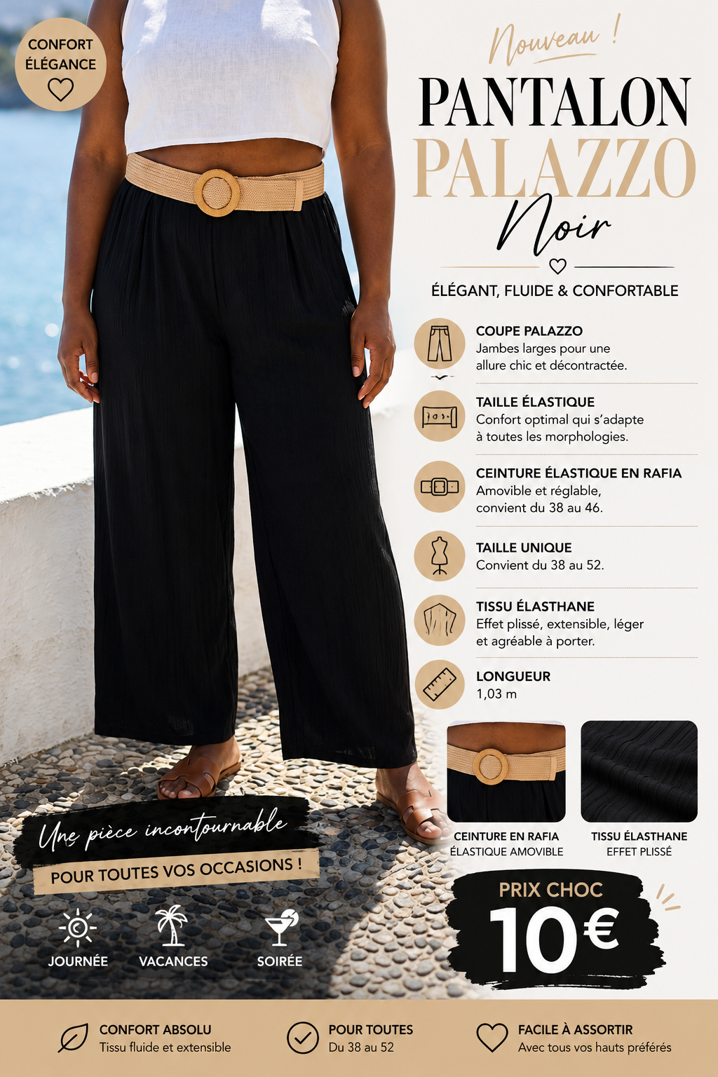 🖤 Pantalon Palazzo Noir – Taille Unique
