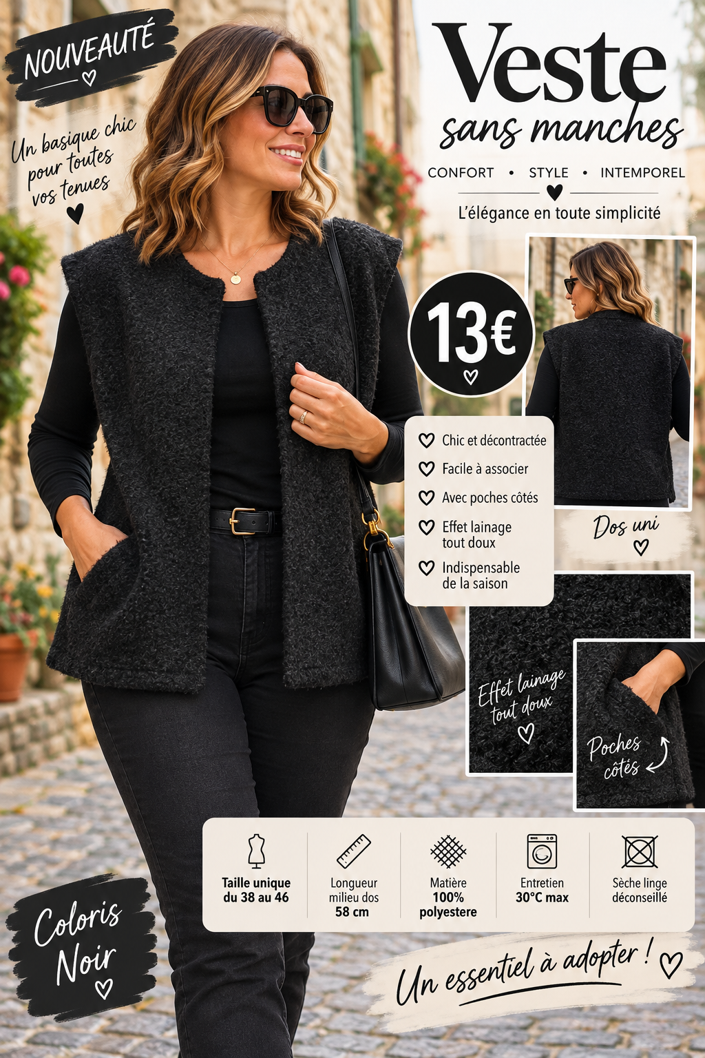 137 🤎 NOUVEAUTÉ – VESTE SANS MANCHES EFFET LAINAGE 🤎Coloris NOIR
